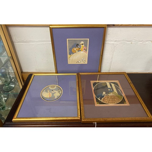 254 - A set of three 20th Century watercolours of pairs of figures, watercolour, each signed -