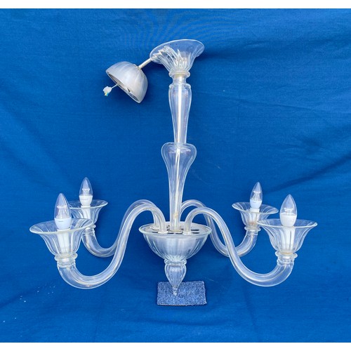 403 - A glass four branch chandelier, together with 8 matching twin branch wall lights (one a/f) each piec... 