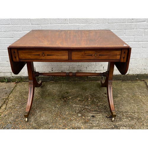 415 - A Georgian style mahogany and crossbanded sofa table, with inlaid detail, with typical drop ends and... 