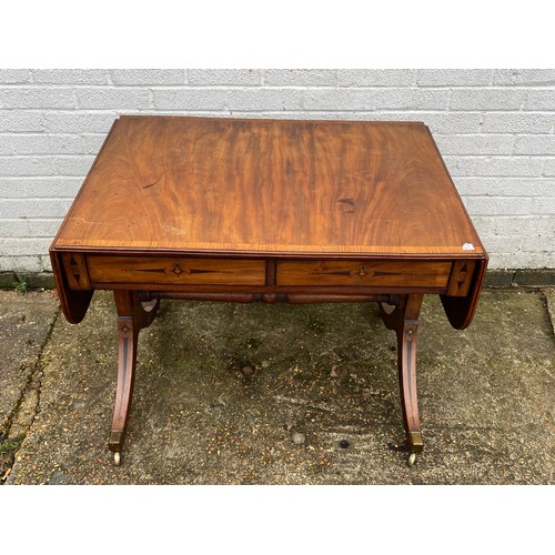 415 - A Georgian style mahogany and crossbanded sofa table, with inlaid detail, with typical drop ends and... 