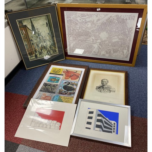 256 - A mixed lot of prints, to include 'Organ Grinder' print after LS Lowry -