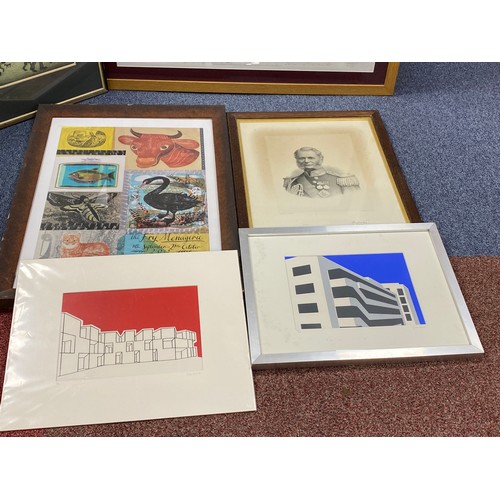 256 - A mixed lot of prints, to include 'Organ Grinder' print after LS Lowry -