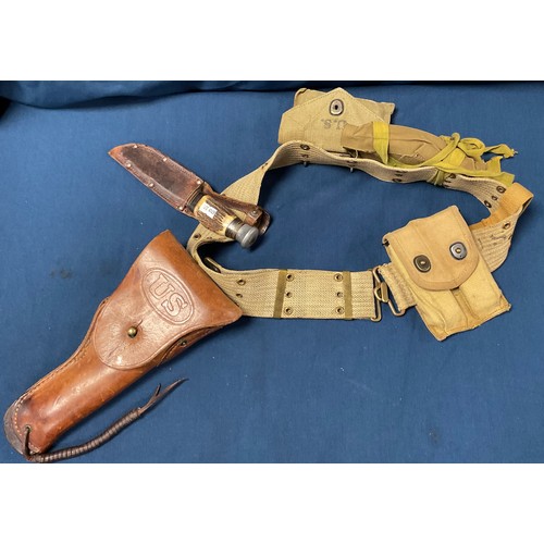 A military army belt to include gun holster and sheath knife -