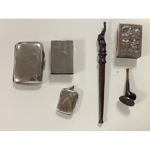 A small group of silver items, various dates and makers, to include cigarette case, match box slide and vesta, together with a white metal slide, a cigarette holder, etc -