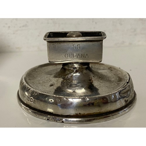 6 - A silver match box holder, from the SS Oceana together with a two piece plated cruet from Shaw Savil... 