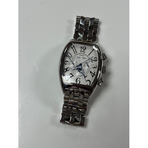 39 - A gents 'Franck Muller' style wristwatch, the tonneau shaped dial with date aperture, subsidiary dia... 