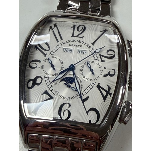 39 - A gents 'Franck Muller' style wristwatch, the tonneau shaped dial with date aperture, subsidiary dia... 