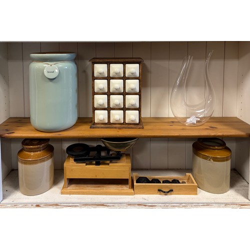 A small mixed lot of kitchenalia, to include spice rack/drawers, scales, bread crock, etc -