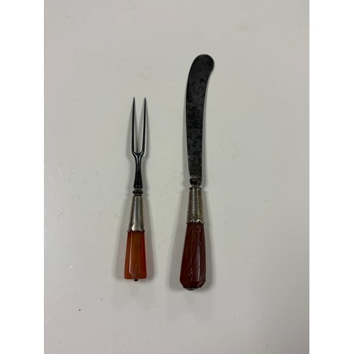 26 - A 17th Century agate handled two tine fork and a similar knife -