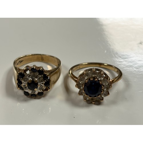 37 - Two 9ct gold rings, one set with a sapphire and diamond cluster (a/f), the other with coloured CZs -