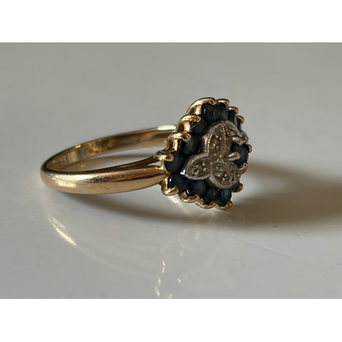 17 - A 9ct gold ring, set with a sapphire and diamond point cluster  -