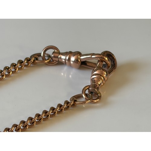 5 - A 9ct rose gold watch chain, with double dog clips and 'T' bar -