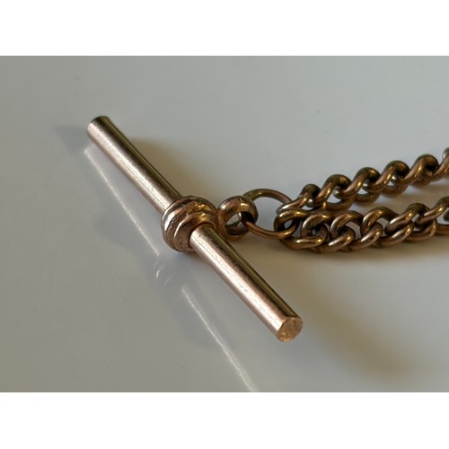 5 - A 9ct rose gold watch chain, with double dog clips and 'T' bar -