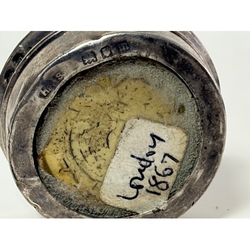 22 - A group of three silver pillboxes, various dates and makers, including a Victorian box with engraved... 