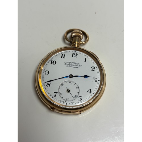 10 - A rolled gold cased open face pocket watch, the dial signed Admiralty Goldsmiths & Co, Newcastle, wi... 