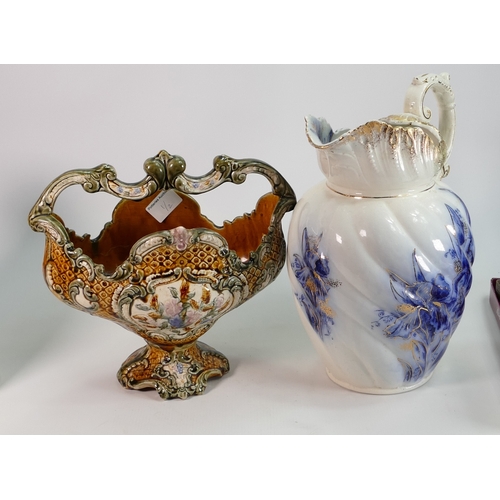 1 - Large Blue & White Pottery Water Jug: together with continental Majolica Center Piece(2)