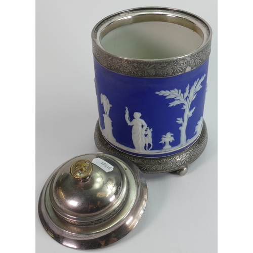 296d - Wedgwood Dipped Blue Jasperware Tea Caddy with silver plated floral decorated fittings and base, int... 