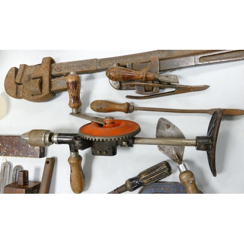 371 - A mixed collection of wood working tools including G Cramps, Set Squares, Scribes, Monkey Wrench etc