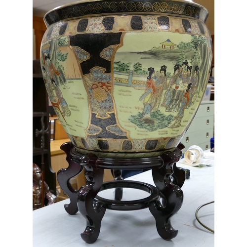 523 - Chinese Satsuma Style Koi Fishbowl Porcelain Planter With Stand: height 55cm diameter 72