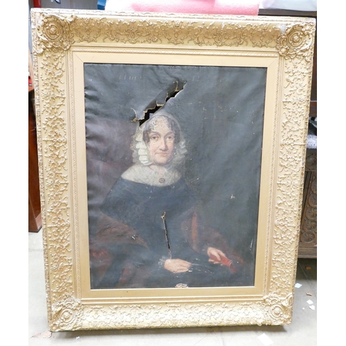 574 - Very Large Gilt Framed 19th Century Portrait Frame: with damaged Canvas, frame size 126cm x 105cm, (... 