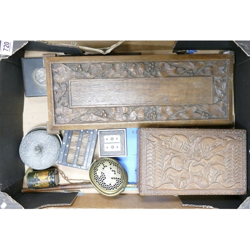 720 - A mixed collection of items to include: Chinese Bronze Cricket box & other ethnic carved boxes