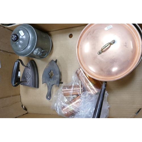 976 - A mixed collection of items to include: Copper Kitchen Pan & measures, Pewter Tea Caddy, Antique Iro... 