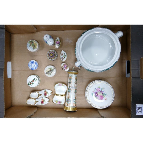 978 - A mixed collection of items to include: Floral decorated pots & novelty items, enameled boxes, Booth... 