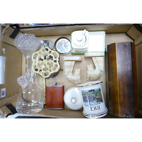 981 - A mixed collection of items to include: Portmeirion Rice Pot, Glass decanters, stone book ends, bras... 