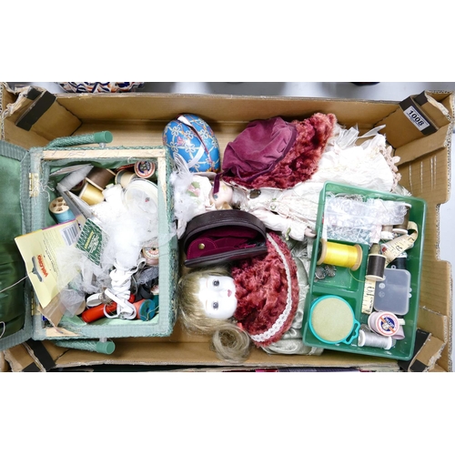 1008 - A mixed collection of items to include: sewing box & contents, porcelain headed dolls etc