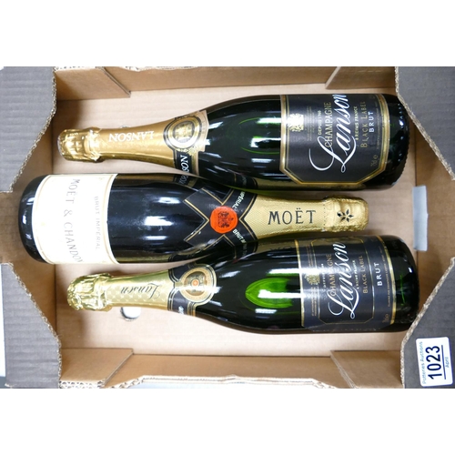 1023 - Three Bottles of Champagne including: Moet Chandon Lanson Black Label