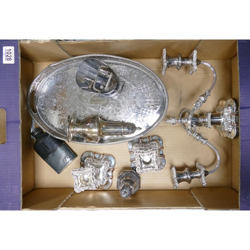 1028 - A collection of silver plated items to include: candelabra, gallery tray, candlesticks etc