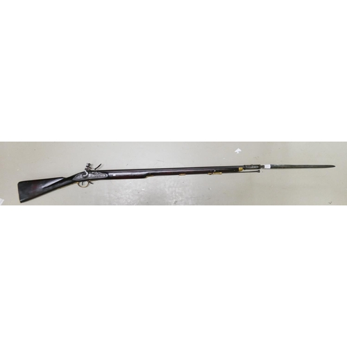 1064 - 20th Century Brown Bess Flintlock Musket: ordinance stamps on lock & barrel, complete with bayonet