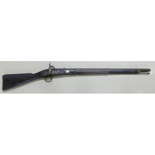 1077 - East Indian Company 3 band military Musket: Converted to percussion. Dated 1817. Period repair to ha... 