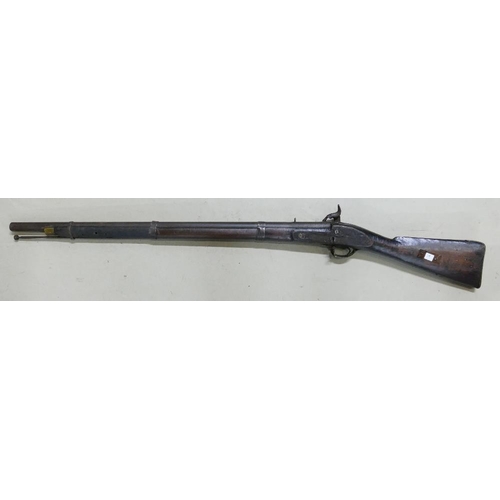 1077 - East Indian Company 3 band military Musket: Converted to percussion. Dated 1817. Period repair to ha... 