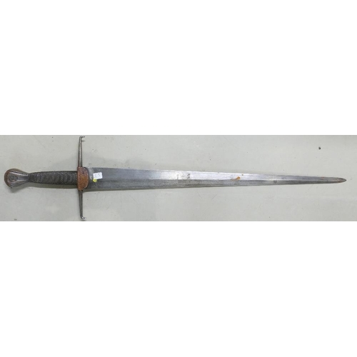 1081 - Victorian Italian Cinquedea sword: Broad double edged tapering blade, wire grip & chiselled pommel.