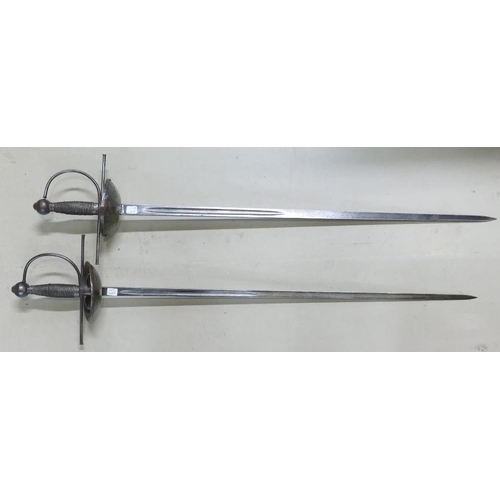 1082 - Pair of cup hilted sword Rapiers: Knuckle guard & quillions with slightly swollen terminals, one cup... 