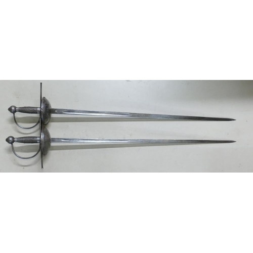 1082 - Pair of cup hilted sword Rapiers: Knuckle guard & quillions with slightly swollen terminals, one cup... 