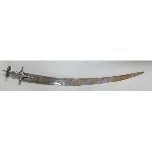 1083 - 19th century large broad bladed Talwar Hilted sword: With langets & large carved disc pommel.