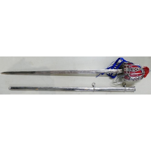 1084 - Modern Scottish Basket Hilted sword: Double fullered blade with thistles & Scottish emblems.