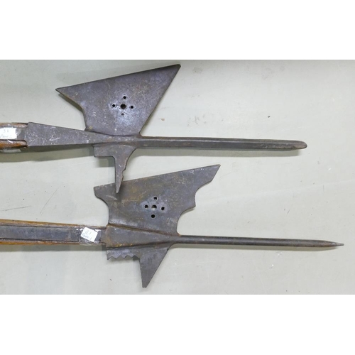 1086 - Early 20th century pair of 17th century style Halberds: Pierced blades, long tangets, with polished ... 