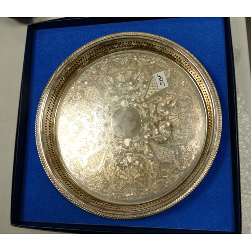 373f - Large Boxed Silver Plate galleried tray: diameter 39cm