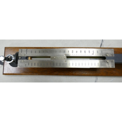 373h - Fortin Barometer: reading in inches & millibars with rack & pinion Vernier reader on mahogany wall h... 