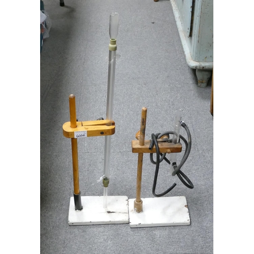 666b - Two Laboratory Wooden Retort stands: both with glass condenser bottles(2)