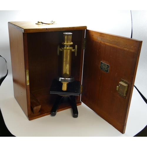 667 - Blackened Brass Microscope: in mahogany case