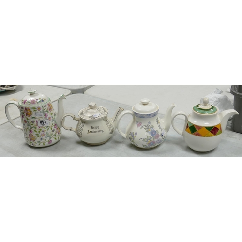 993 - A collection of pottery tea pots to include: Minton Haddon Hall, Royal Doulton Conniston etc (4)