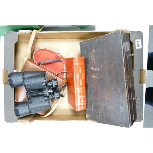 1043 - Period Home made wooden box: together with Nipole 10 x 50 binoculars & boxed Bridge set