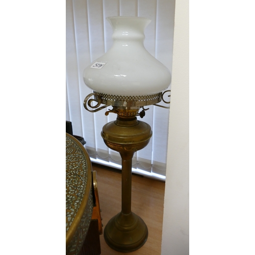 373e - Brass Table Top Oil Lamp: with white shade, height 69cm