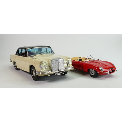 607 - Vintage tin plate models of a Mercedes and Burango model of E type Jaguar (2):