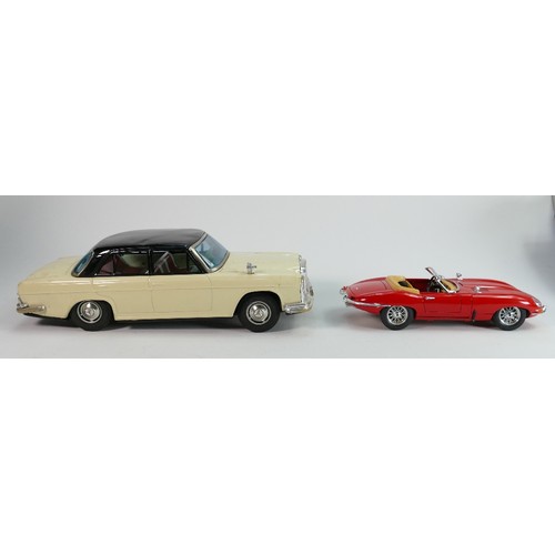 607 - Vintage tin plate models of a Mercedes and Burango model of E type Jaguar (2):