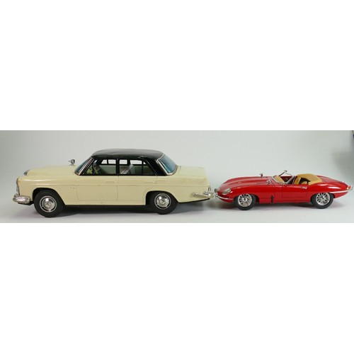 607 - Vintage tin plate models of a Mercedes and Burango model of E type Jaguar (2):